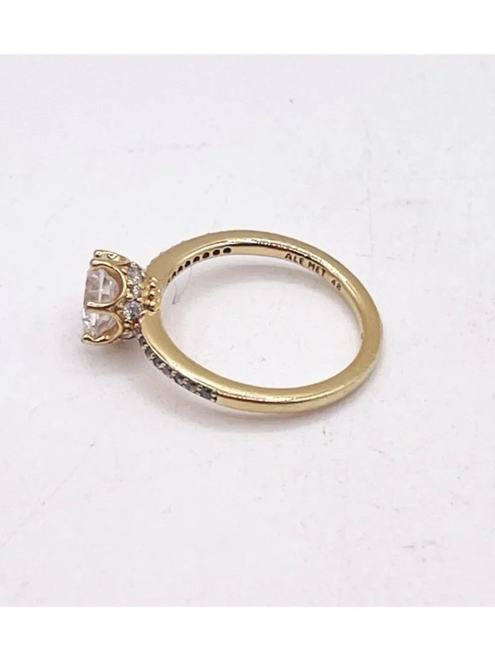Pandora Clear Sparkling Crown Solitaire Ring Gold Plating Size 4.75